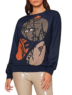 Women's Figure Graphic Print Sweatshirt Round Neck Long Sleeve Contrast Color Graffiti Pullovers