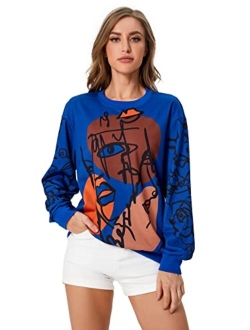 Women's Figure Graphic Print Sweatshirt Round Neck Long Sleeve Contrast Color Graffiti Pullovers