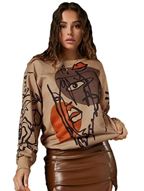 WDIRARA Women's Figure Graphic Print Sweatshirt Round Neck Long Sleeve Contrast Color Graffiti Pullovers