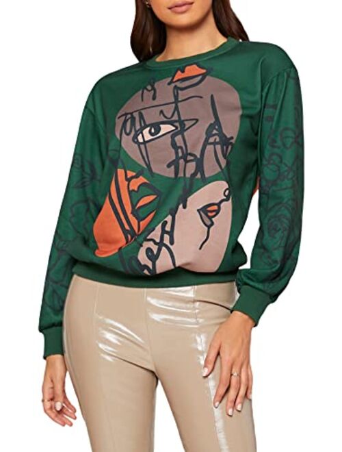 WDIRARA Women's Figure Graphic Print Sweatshirt Round Neck Long Sleeve Contrast Color Graffiti Pullovers