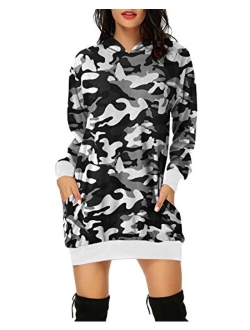 Auxo Women Hoodies Dress Tie-Dye Printed Long Sleeve Hooded Tunic Oversized Sweatshirt Pockets Pullover Jumper