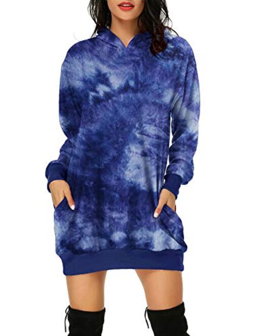 Auxo Women Hoodies Dress Tie-Dye Printed Long Sleeve Hooded Tunic Oversized Sweatshirt Pockets Pullover Jumper