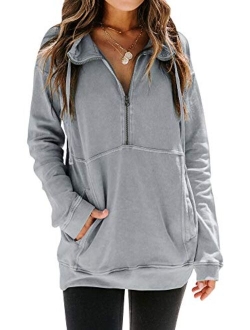 MYMORE Women's Casual Long Sleeve Lapel Half Zip Up Sweatshirts Drawstring Solid Loose Fit Pullover Tops