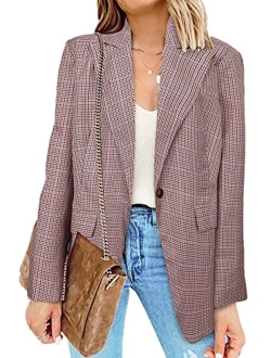 Retro Notch Lapel One Button Casual Blazer Plaid Long Sleeve Company Office Blazers Open Front Work Blazer Lady Suit