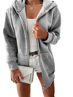 Yousify Women Casual Full Zip Up Plush Hoodie Comfy Loose Solid Sweatshirt Long Sleeve Jacket with Pockets