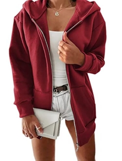 Yousify Women Casual Full Zip Up Plush Hoodie Comfy Loose Solid Sweatshirt Long Sleeve Jacket with Pockets