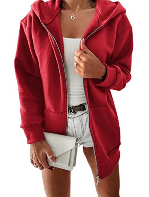 Yousify Women Casual Full Zip Up Plush Hoodie Comfy Loose Solid Sweatshirt Long Sleeve Jacket with Pockets