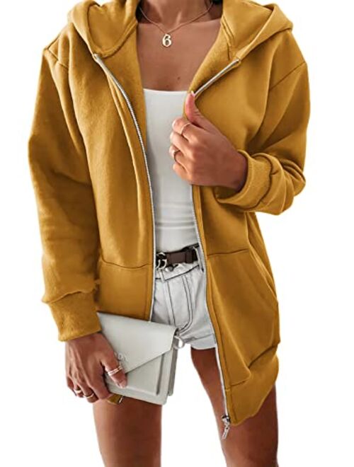 Yousify Women Casual Full Zip Up Plush Hoodie Comfy Loose Solid Sweatshirt Long Sleeve Jacket with Pockets