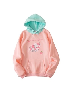 KEEVICI Pullover Sweatshirts for Women Cute Strawberry Cow Print Hoodie Casual Fuzzy Top