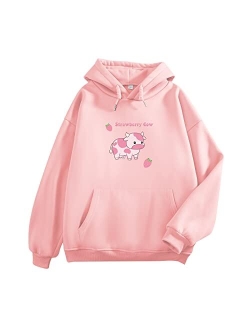 KEEVICI Pullover Sweatshirts for Women Cute Strawberry Cow Print Hoodie Casual Fuzzy Top