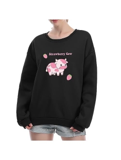 KEEVICI Pullover Sweatshirts for Women Cute Strawberry Cow Print Hoodie Casual Fuzzy Top