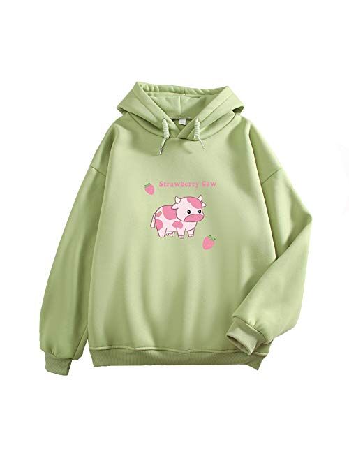 KEEVICI Pullover Sweatshirts for Women Cute Strawberry Cow Print Hoodie Casual Fuzzy Top