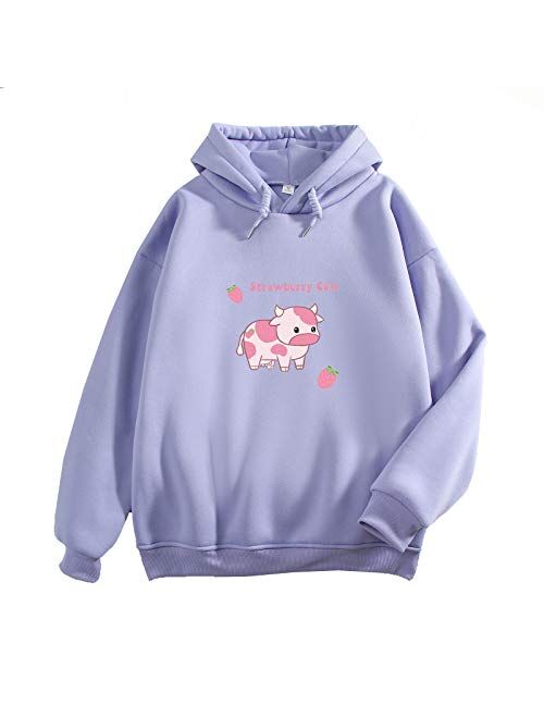 KEEVICI Pullover Sweatshirts for Women Cute Strawberry Cow Print Hoodie Casual Fuzzy Top