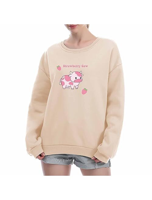 KEEVICI Pullover Sweatshirts for Women Cute Strawberry Cow Print Hoodie Casual Fuzzy Top