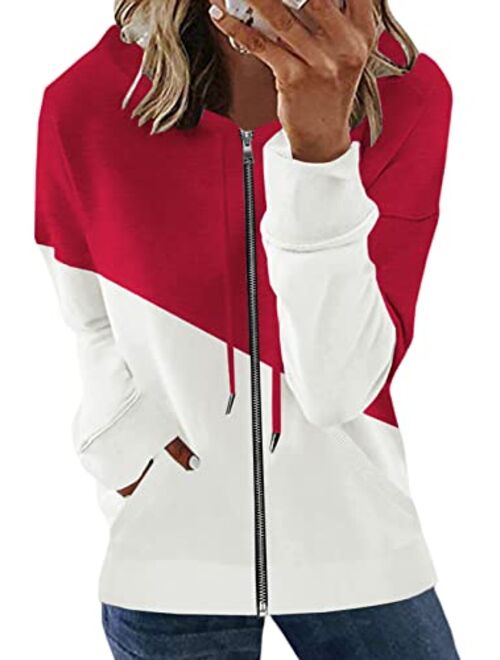 SHEWIN Women's Casual Zip Up Hoodie Jacket Long Sleeve Drawstring Hooded Sweatshirt with Pocket