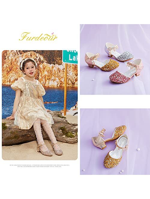 Furdeour Girls Sandals Glittler Bow Dress Shoes Princess Crystal High Heels Party Wedding Flower Girls Shoes for Kid Toddler