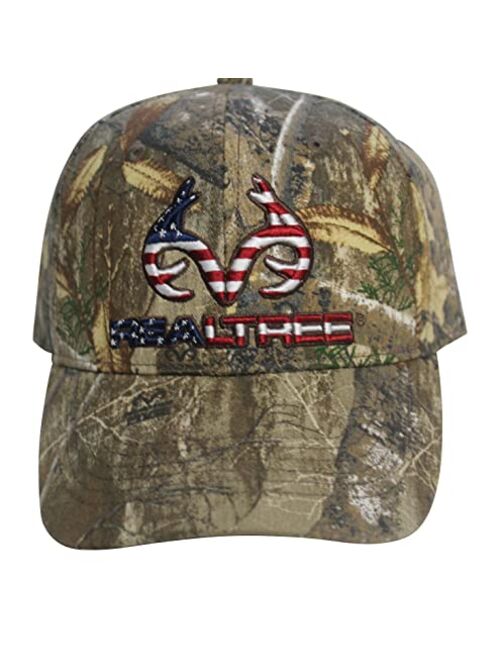 Realtree Patriotic Logo Flag Cap Hat, Classic Precurved, Sweatband, Snapback, Embroidered Antler Logo USA Flag Patch Cap Hat