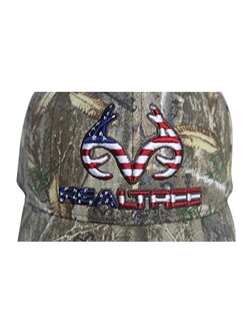 Realtree Patriotic Logo Flag Cap Hat, Classic Precurved, Sweatband, Snapback, Embroidered Antler Logo USA Flag Patch Cap Hat