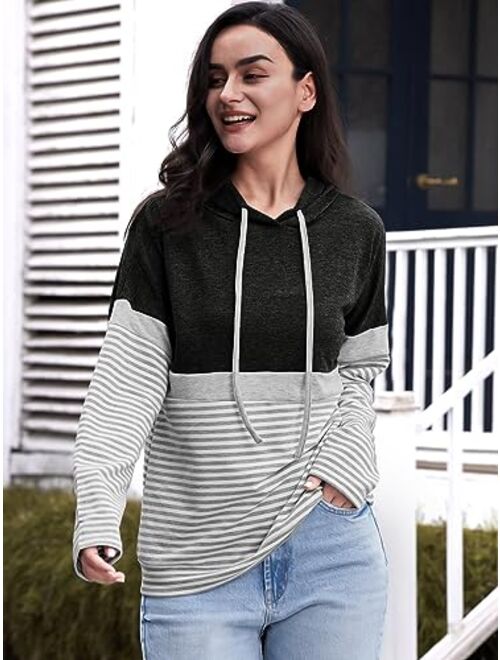 Butgood Women's Color Block Hoodies Fall Long Sleeve Sweatshirt Casual Drawstring Pullover Tops Striped Tunic Shirts