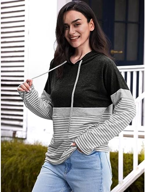 Butgood Women's Color Block Hoodies Fall Long Sleeve Sweatshirt Casual Drawstring Pullover Tops Striped Tunic Shirts