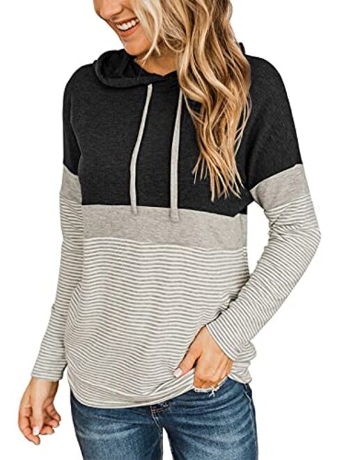 Butgood Women's Color Block Hoodies Fall Long Sleeve Sweatshirt Casual Drawstring Pullover Tops Striped Tunic Shirts