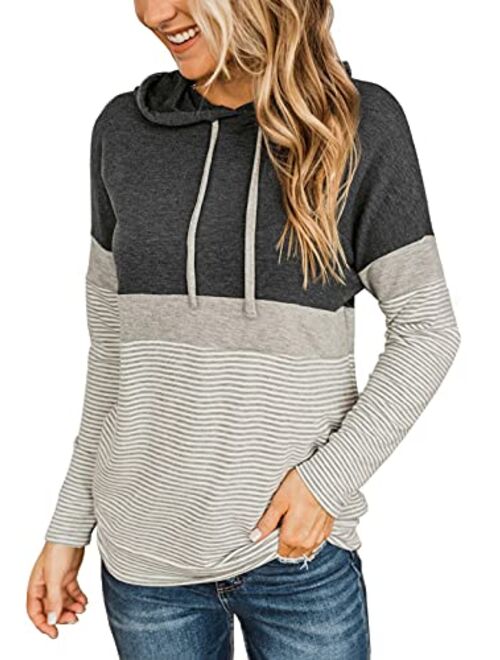 Butgood Women's Color Block Hoodies Fall Long Sleeve Sweatshirt Casual Drawstring Pullover Tops Striped Tunic Shirts