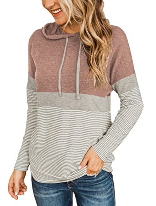 Butgood Women's Color Block Hoodies Fall Long Sleeve Sweatshirt Casual Drawstring Pullover Tops Striped Tunic Shirts