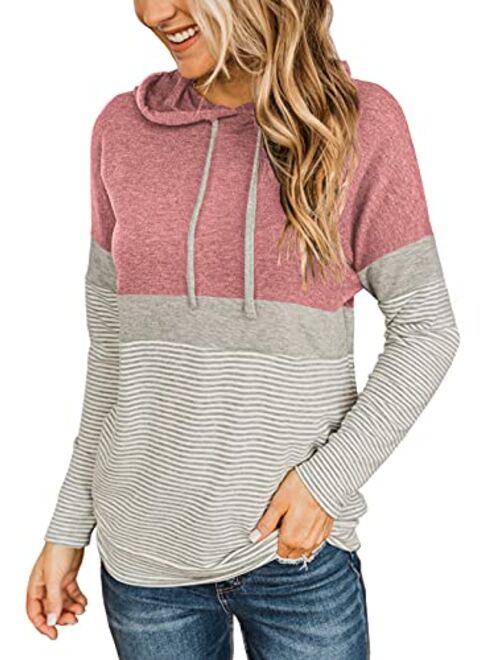 Butgood Women's Color Block Hoodies Fall Long Sleeve Sweatshirt Casual Drawstring Pullover Tops Striped Tunic Shirts