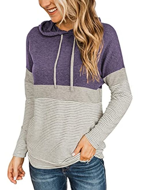 Butgood Women's Color Block Hoodies Fall Long Sleeve Sweatshirt Casual Drawstring Pullover Tops Striped Tunic Shirts