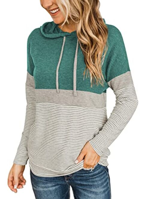 Butgood Women's Color Block Hoodies Fall Long Sleeve Sweatshirt Casual Drawstring Pullover Tops Striped Tunic Shirts