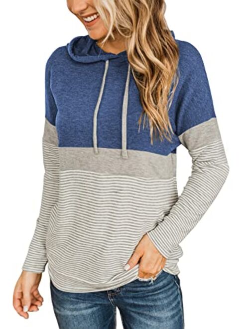 Butgood Women's Color Block Hoodies Fall Long Sleeve Sweatshirt Casual Drawstring Pullover Tops Striped Tunic Shirts