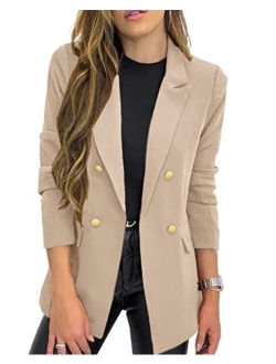 Hdieso Women's Solid Color Casual Long Sleeve Lapel Button Blazer Jacket