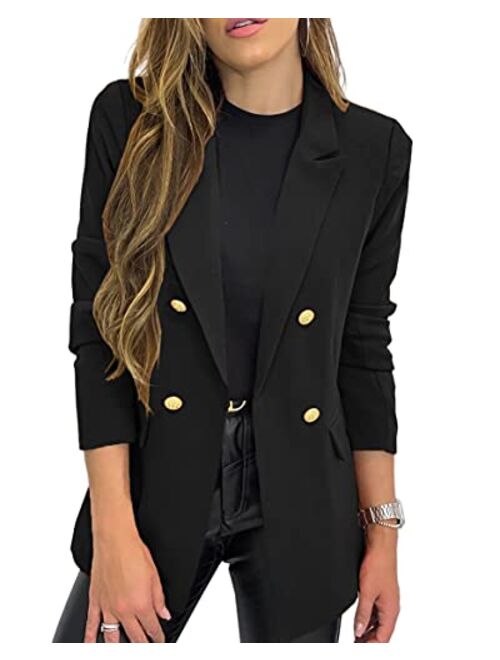 Hdieso Women's Solid Color Casual Long Sleeve Lapel Button Blazer Jacket