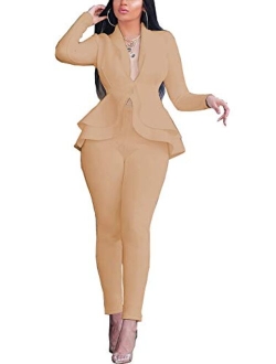 Prettyol Pants and Blazer Set for Women Long Sleeve Ruffle Hem Peplum Blazer with Bodycon Long Pants 2 Piece Outfits