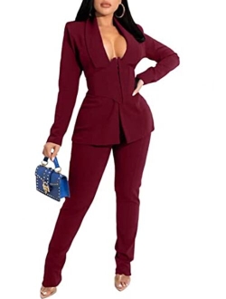 Prettyol Pants and Blazer Set for Women Long Sleeve Ruffle Hem Peplum Blazer with Bodycon Long Pants 2 Piece Outfits