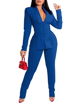 Prettyol Pants and Blazer Set for Women Long Sleeve Ruffle Hem Peplum Blazer with Bodycon Long Pants 2 Piece Outfits