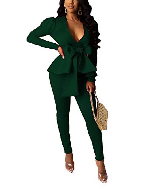 Prettyol Pants and Blazer Set for Women Long Sleeve Ruffle Hem Peplum Blazer with Bodycon Long Pants 2 Piece Outfits