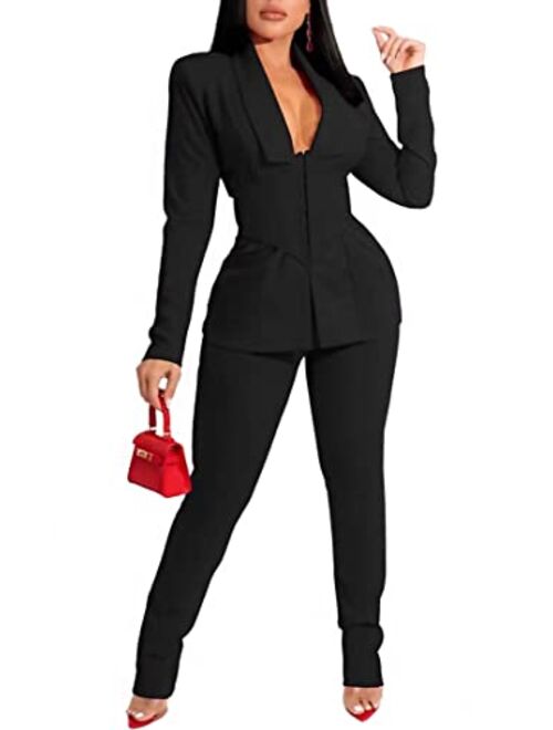 Prettyol Pants and Blazer Set for Women Long Sleeve Ruffle Hem Peplum Blazer with Bodycon Long Pants 2 Piece Outfits