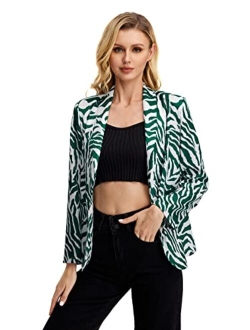 Women's Graphic Print Blazer Button Open Front Long Sleeve Jacket Multicolored