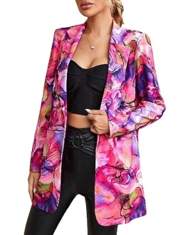 Women's Graphic Print Blazer Button Open Front Long Sleeve Jacket Multicolored