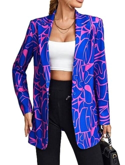 Women's Graphic Print Blazer Button Open Front Long Sleeve Jacket Multicolored