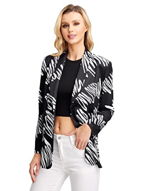 WDIRARA Women's Graphic Print Blazer Button Open Front Long Sleeve Jacket Multicolored