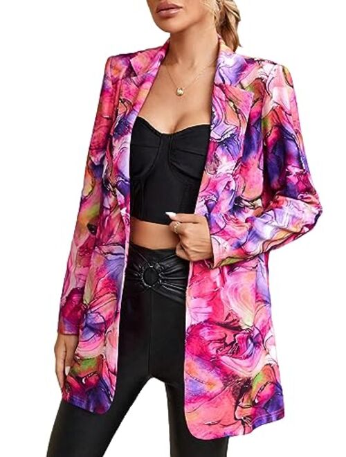 WDIRARA Women's Graphic Print Blazer Button Open Front Long Sleeve Jacket Multicolored