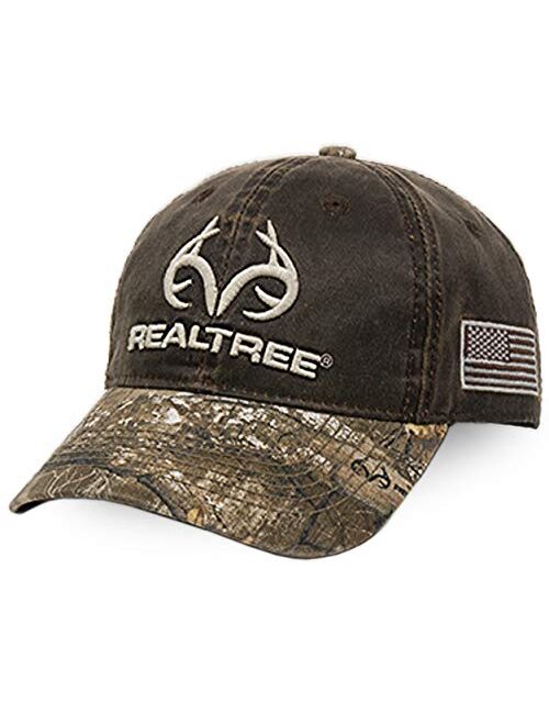Realtree Edge / Weathered Brown Buck Horn And USA Flag Hunting Hat