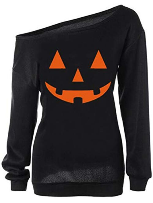 LYXIOF Women Halloween Off Shoulder Sweatshirt Slouchy Shirt Pumpkin Long Sleeve Pullover Tops