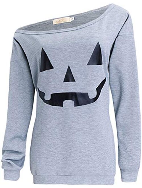 LYXIOF Women Halloween Off Shoulder Sweatshirt Slouchy Shirt Pumpkin Long Sleeve Pullover Tops