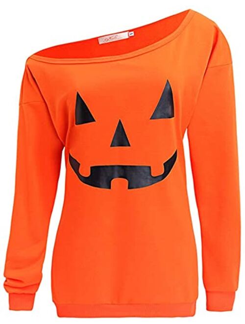 LYXIOF Women Halloween Off Shoulder Sweatshirt Slouchy Shirt Pumpkin Long Sleeve Pullover Tops