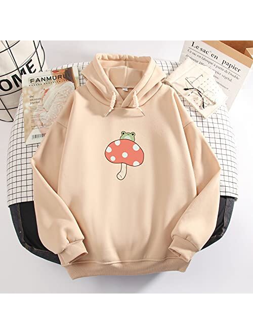 KEEVICI Women Cute Frog Sweatshirt Kawaii Mushroom Hoodie for Teen Girls Aesthetic Cottagecore Clothes Feminino Hoodies