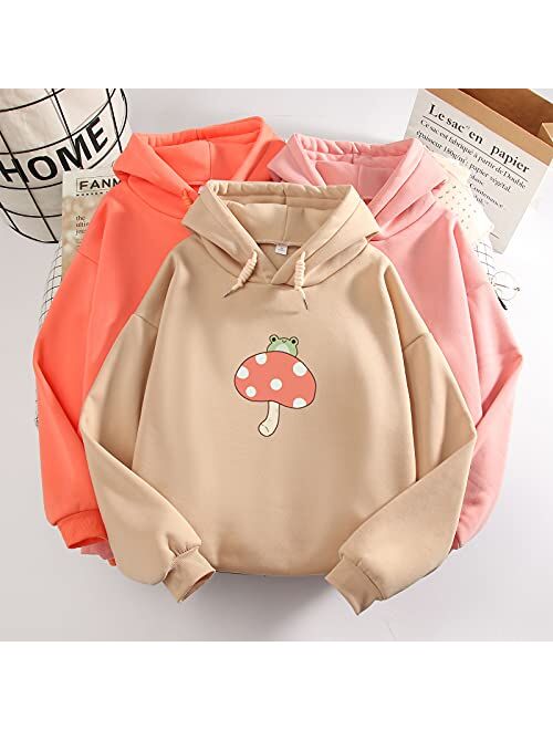 KEEVICI Women Cute Frog Sweatshirt Kawaii Mushroom Hoodie for Teen Girls Aesthetic Cottagecore Clothes Feminino Hoodies