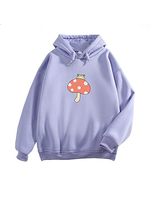 KEEVICI Women Cute Frog Sweatshirt Kawaii Mushroom Hoodie for Teen Girls Aesthetic Cottagecore Clothes Feminino Hoodies